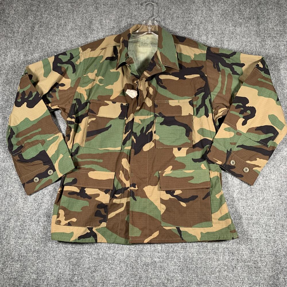 Vintage Caribbean Needle Point Coat Mens Large Short Woodland Camo BDU Combat